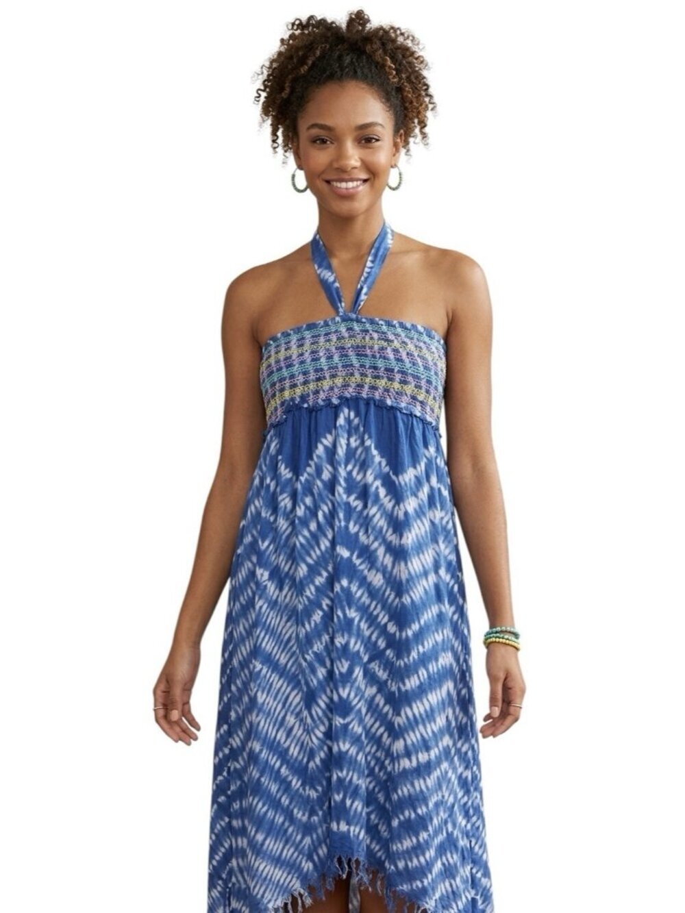 Blue Island Tie Dye Halter Dress Cover Up L Large Cotton Smocked High Low Boho
